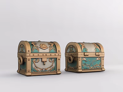 Vintage Ornate Treasure Chests With Gold And Turquoise Carvings And Metal Details 3d model