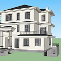 Two Story Detached Villa Exterior With Lush Garden Trees And Driveway Cars