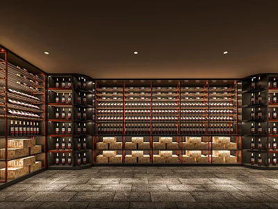 Elegant Wine Cellar with Wooden Racks Neatly Arranged Wine Bottles and Stone Floor 3d model