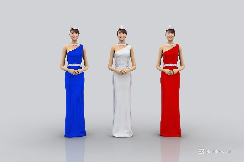 Three Women Wearing One Shoulder Blue White Red Dresses With Tiaras Hands Clasped In Front 3d model 
