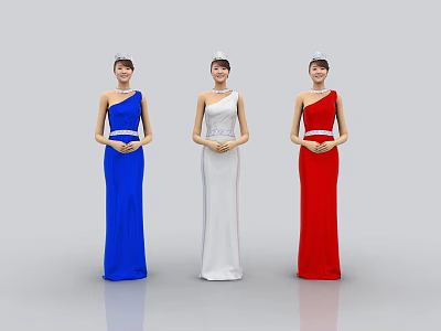Three Women Wearing One Shoulder Blue White Red Dresses With Tiaras Hands Clasped In Front 3d model