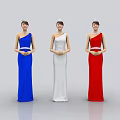 Three Women Wearing One Shoulder Blue White Red Dresses With Tiaras Hands Clasped In Front