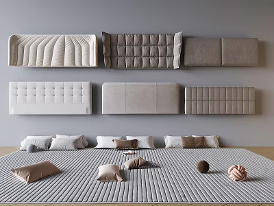 Modern Double Bed Interior With Striped Mattress Various Pillows And Bedhead Designs On Background Wall 3d model
