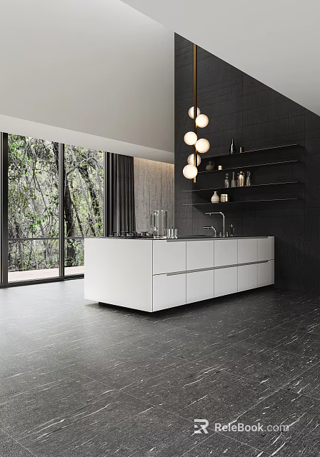 Modern Kitchen Interior Design With White Cabinets Black Wall Hanging Lights And Greenery View 3d model 