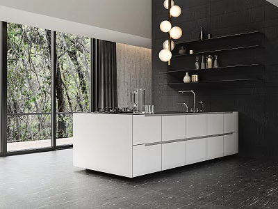 Modern Kitchen Interior Design With White Cabinets Black Wall Hanging Lights And Greenery View 3d model