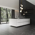 Modern Kitchen Interior Design With White Cabinets Black Wall Hanging Lights And Greenery View