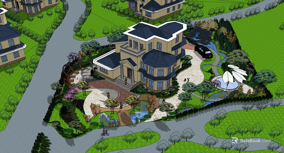 Luxurious Detached Villa Exterior With Lush Garden Landscaping And Water Feature 3d model 