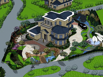 Luxurious Detached Villa Exterior With Lush Garden Landscaping And Water Feature 3d model