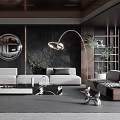 Elegant Modern Living Room With Black Walls Round Mirror Floor Lamp And Marble Coffee Table