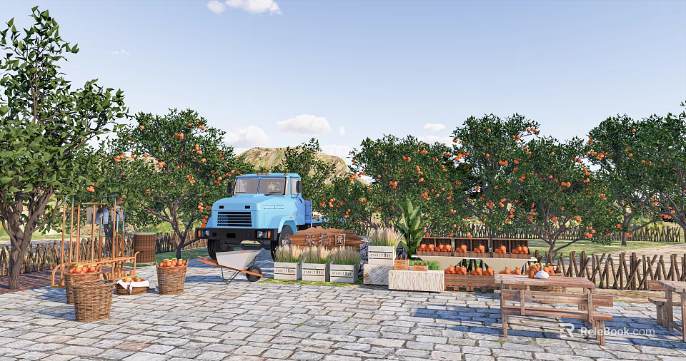 Scenic Garden Landscape with Orange Trees Blue Truck Fruit Stalls and Stone Pavement 3d model 