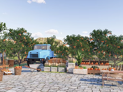 Scenic Garden Landscape with Orange Trees Blue Truck Fruit Stalls and Stone Pavement 3d model