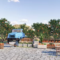 Scenic Garden Landscape with Orange Trees Blue Truck Fruit Stalls and Stone Pavement