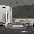 Elegant Bedroom Interior With Large Bed Stone Textured Wall Floor To Ceiling Window Mountain View