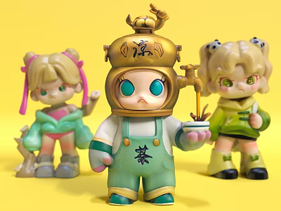 Cute Collectible Dolls With Golden Headpiece Green Outfit Blue Eyes And Pink Hair 3d model