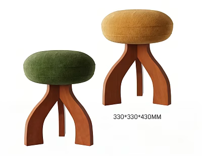Green And Brown Velvet Stools With Unique Wooden Leg Design Size 330x330x430MM 3d model