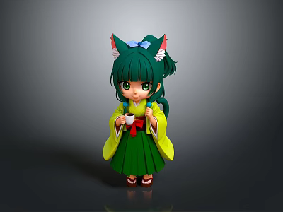 Anime Style Doll Figure With Green Hair Cat Ears Red Obi And Green Yellow Kimono 3d model