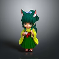 Anime Style Doll Figure With Green Hair Cat Ears Red Obi And Green Yellow Kimono