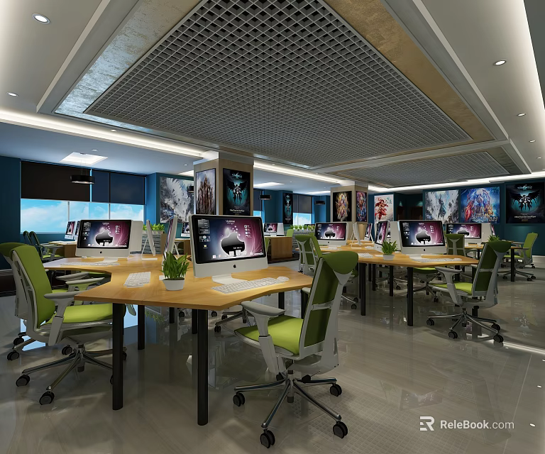 Modern Internet Cafe Interior With Computers Green Chairs Wooden Tables And Wall Posters 3d model 