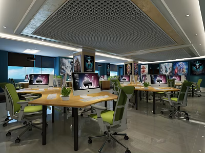 Modern Internet Cafe Interior With Computers Green Chairs Wooden Tables And Wall Posters 3d model