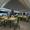 Modern Internet Cafe Interior With Computers Green Chairs Wooden Tables And Wall Posters