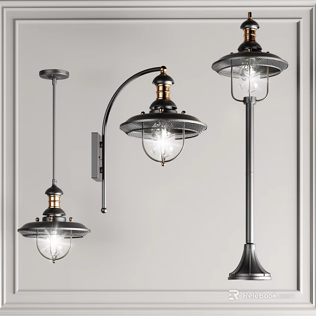 Vintage Industrial Lighting Fixture Set With Metal Glass Shades And Illuminated Design 3d model 