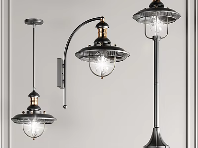 Vintage Industrial Lighting Fixture Set With Metal Glass Shades And Illuminated Design 3d model