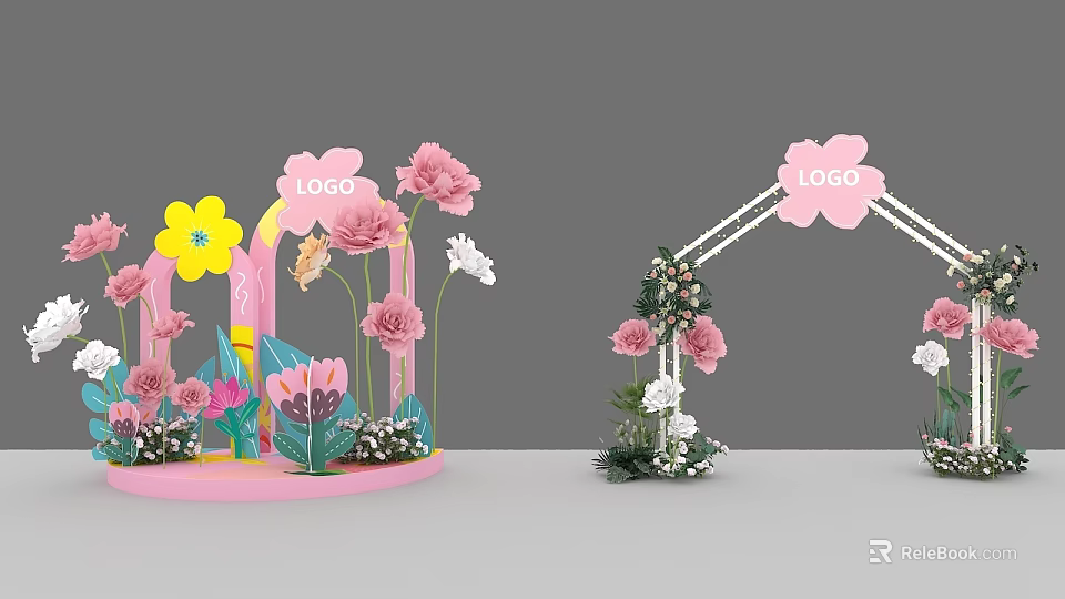 Vibrant Floral Display With Colorful Flowers LOGO And Green Plants On Pink Base 3d model 