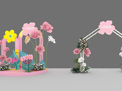 Vibrant Floral Display With Colorful Flowers LOGO And Green Plants On Pink Base 3d model