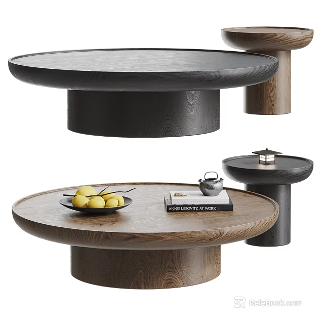 Modern Wooden Round Coffee Table Design with Fruit Plate Books and Teapot 3d model 