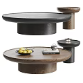 Modern Wooden Round Coffee Table Design with Fruit Plate Books and Teapot