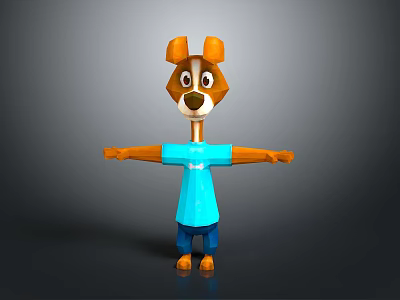 Geometric 3D Cartoon Dog Model Wearing Blue T Shirt And Brown Ears On Gray Background 3d model