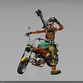 Fantasy Character In Orange Outfit Riding Yellow Motorcycle With Skull Decoration And Green Weapon