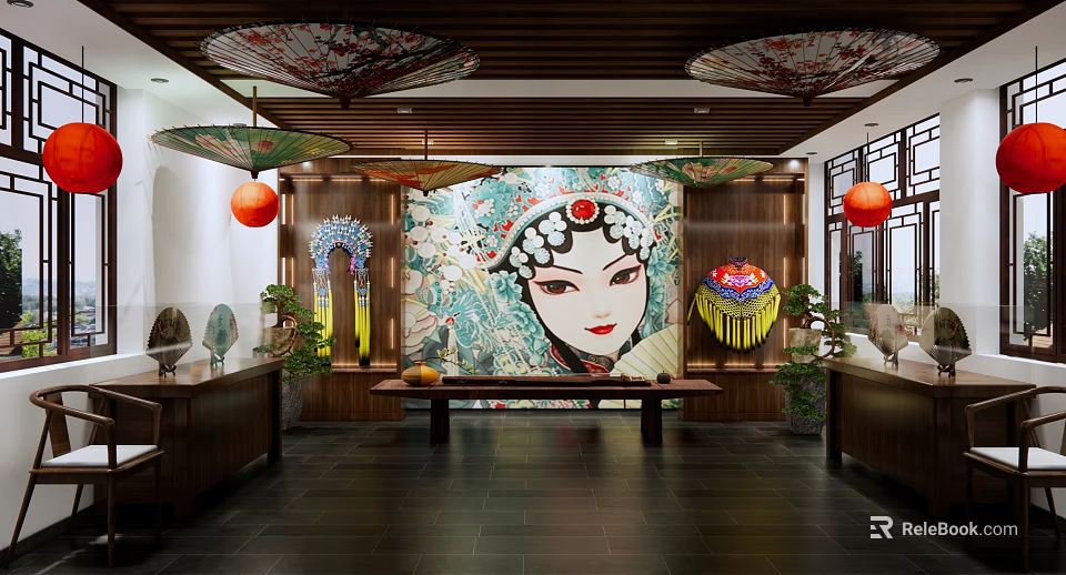 Cultural Center Interior With Traditional Opera Mask Mural Red Lanterns And Wooden Decor 3d model 