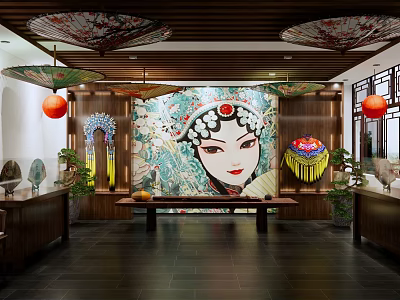 Cultural Center Interior With Traditional Opera Mask Mural Red Lanterns And Wooden Decor 3d model