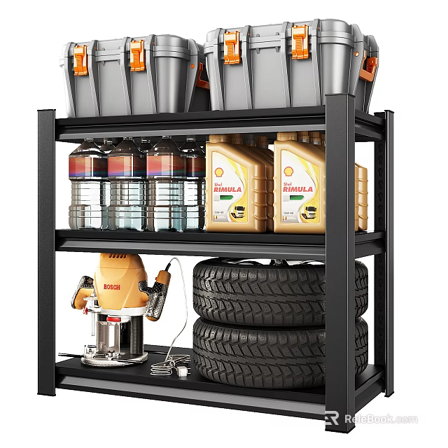 Industrial Garage Shelving Unit with Gray Buckets Oil Bottles Stacked Tires and Vacuum Tool 3d model 