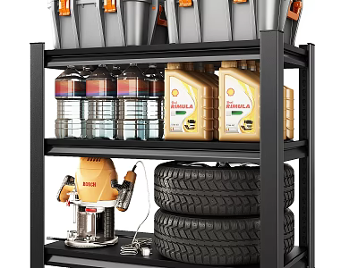 Industrial Garage Shelving Unit with Gray Buckets Oil Bottles Stacked Tires and Vacuum Tool 3d model