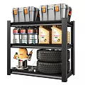 Industrial Garage Shelving Unit with Gray Buckets Oil Bottles Stacked Tires and Vacuum Tool