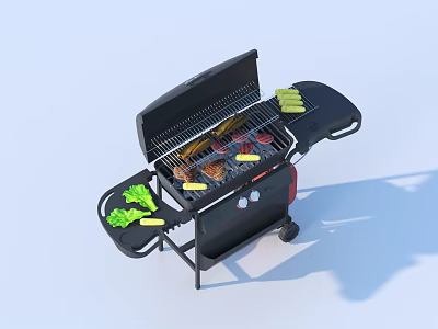Outdoor Portable Grill With Food Items Side Trays And Wheels For Barbecue 3d model