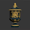 Blue And Gold Decorative Vase With Lion Head Lid And Floral Patterns On Square Base