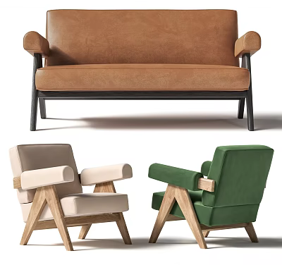 Modern Leisure Chairs With Brown Beige Green Fabric And Wooden Legs Design 3d model