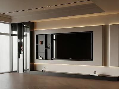 Modern TV Background Wall Design With Built-in TV Open Shelves And LED Lighting 3d model