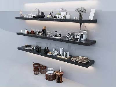 Various Bathroom Accessories Arranged On Wall Shelves Including Toiletries Cups Bottles And Storage Baskets 3d model