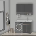 Elegant Modern Washbasin Cabinet With Washing Machine White Countertop And Golden Trim Upper Cabinets