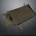 Ancient Tent Structure With Brown Roof Wooden Door Steps Support Poles And Ropes