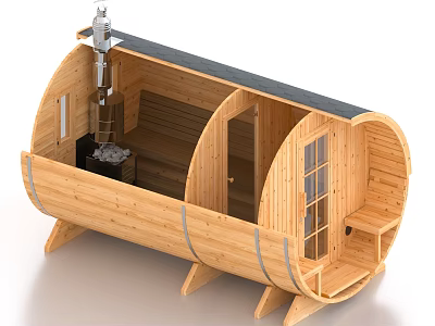 Wooden Barrel Shaped SPA Sauna Interior With Wooden Benches Stove And Glass Door 3d model