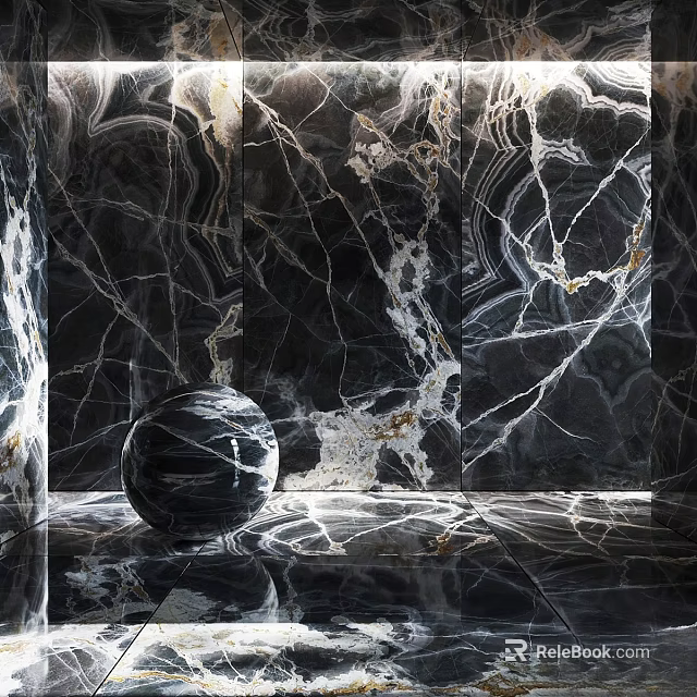 Black Veined Marble Wall Panels with Polished Sphere in Modern Interior Space 3d model 