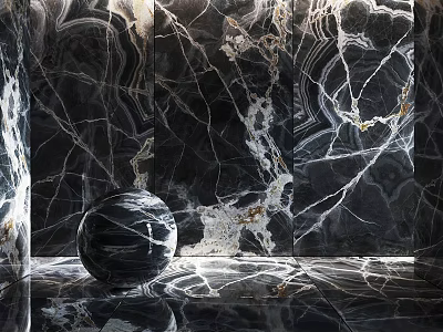 Black Veined Marble Wall Panels with Polished Sphere in Modern Interior Space 3d model