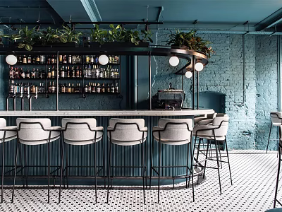 Modern Bar Interior With Bar Counter High Stools Green Plants Wine Shelves And Brick Wall 3d model