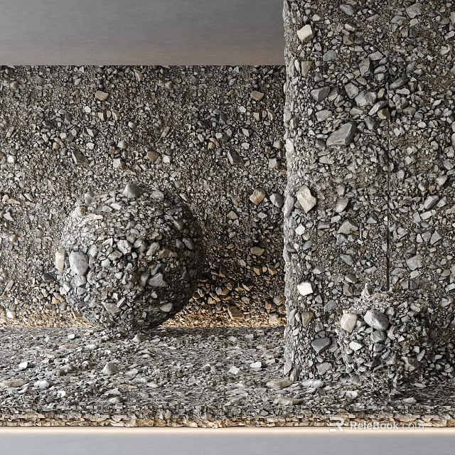 Stone and Wood Interior Design With Textured Wall and Wooden Accents and Decorative Sphere 3d model 