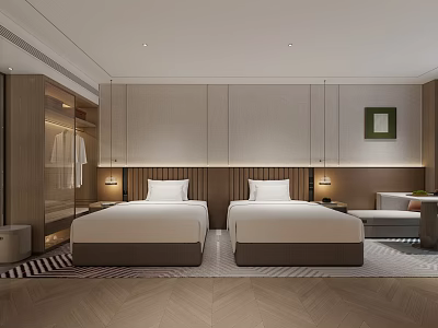 Hotel Guest Room Interior With Twin Beds Wooden Accent Walls Bedside Lamps And Armchair 3d model